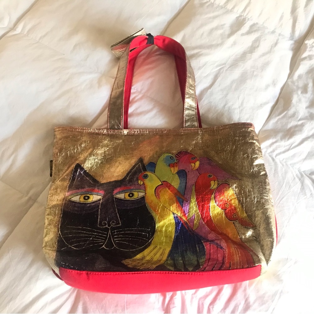 Laurel Burch Gold and Red Whimsical Cat and Parrot Print Tote Bag - Picture 6 of 6